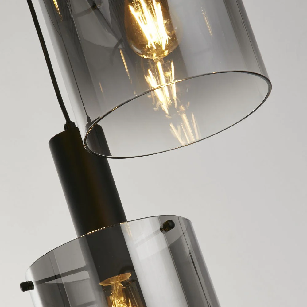 Matt Black & Smoked Ombre Glass Cylinder Vintage 3 Lamp Cluster Pendant 42cm - Image 4