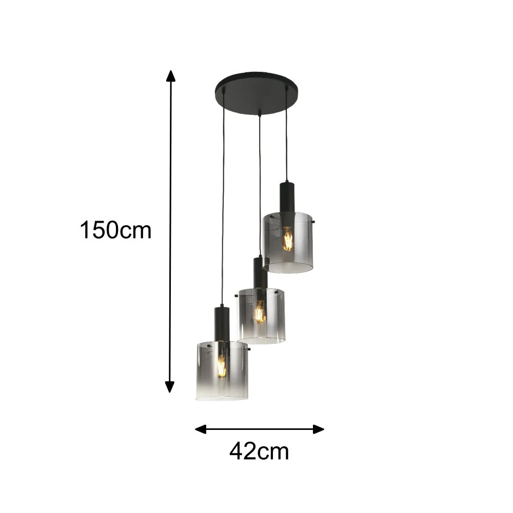 Matt Black & Smoked Ombre Glass Cylinder Vintage 3 Lamp Cluster Pendant 42cm - Image 5