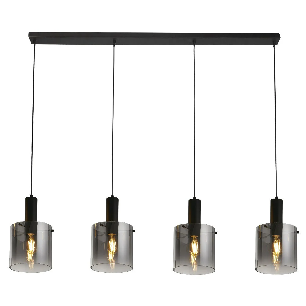 Matt Black & Smoked Ombre Glass Cylinder Vintage 4 Lamp Bar Pendant 142cm