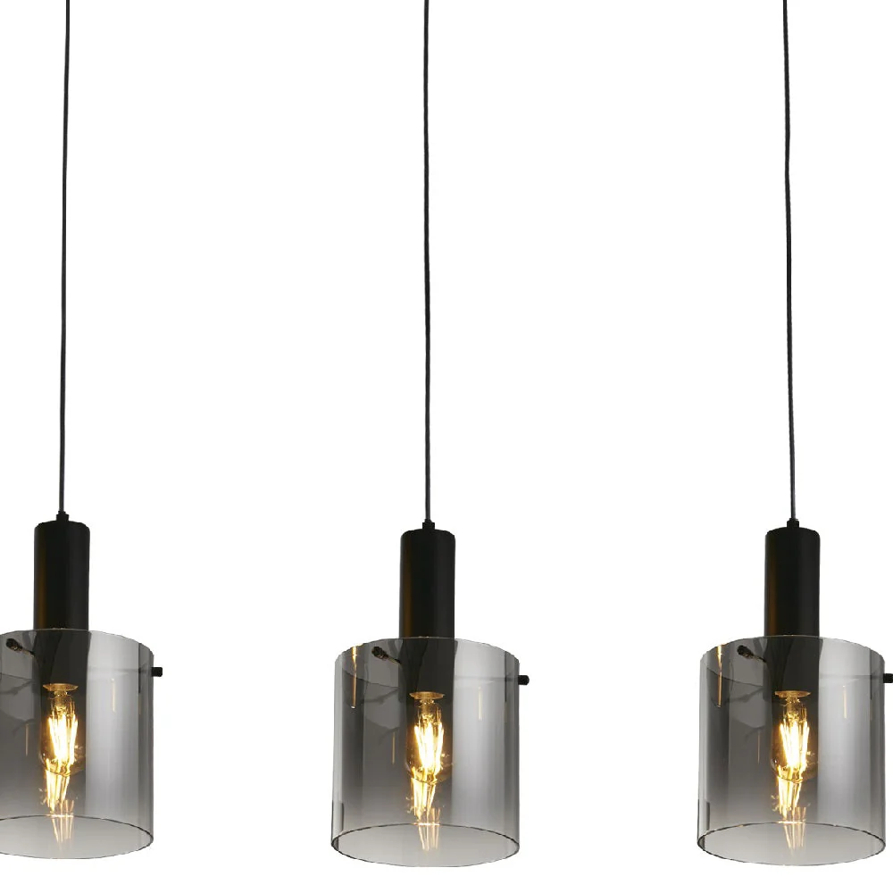 Matt Black & Smoked Ombre Glass Cylinder Vintage 4 Lamp Bar Pendant 142cm - Image 2