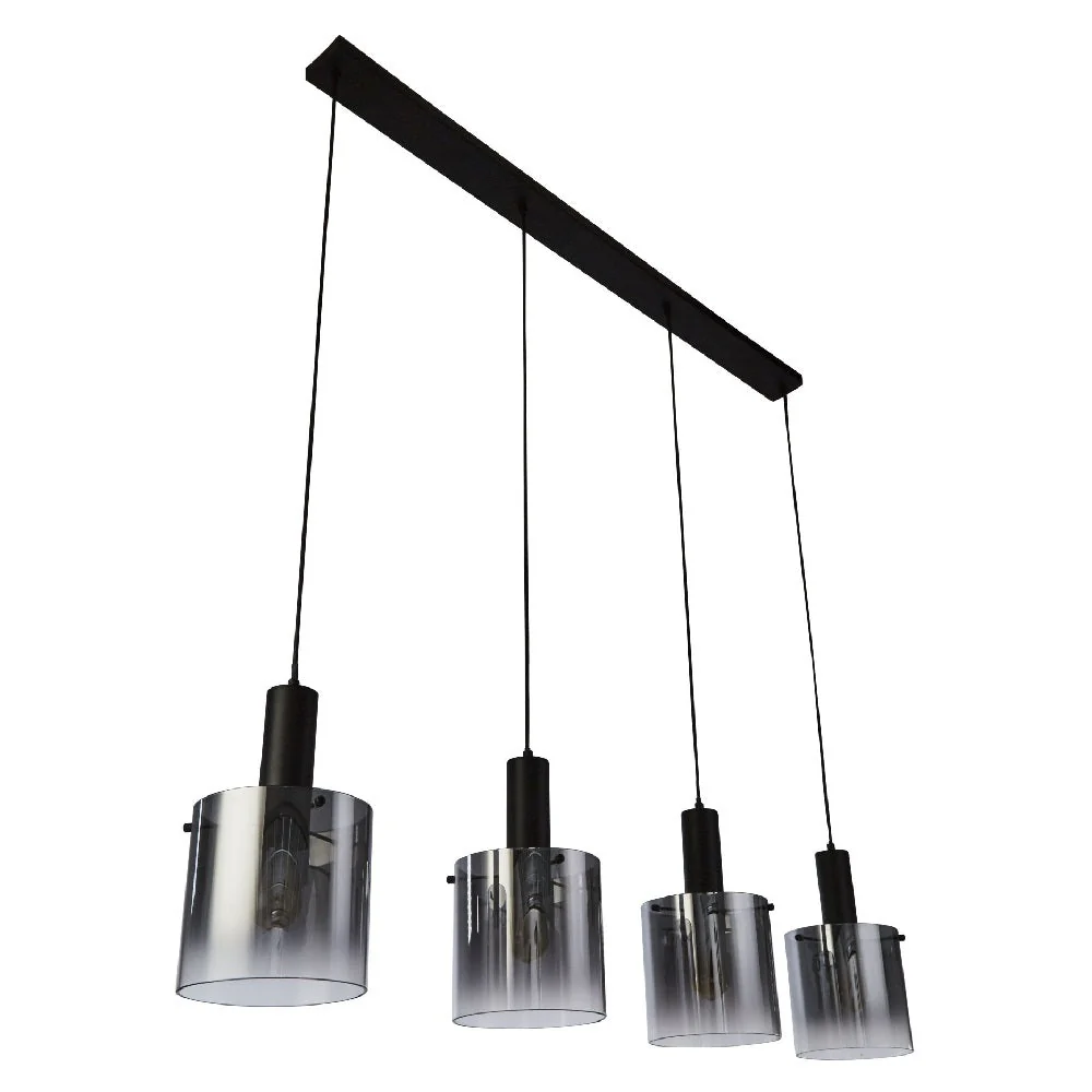 Matt Black & Smoked Ombre Glass Cylinder Vintage 4 Lamp Bar Pendant 142cm - Image 3