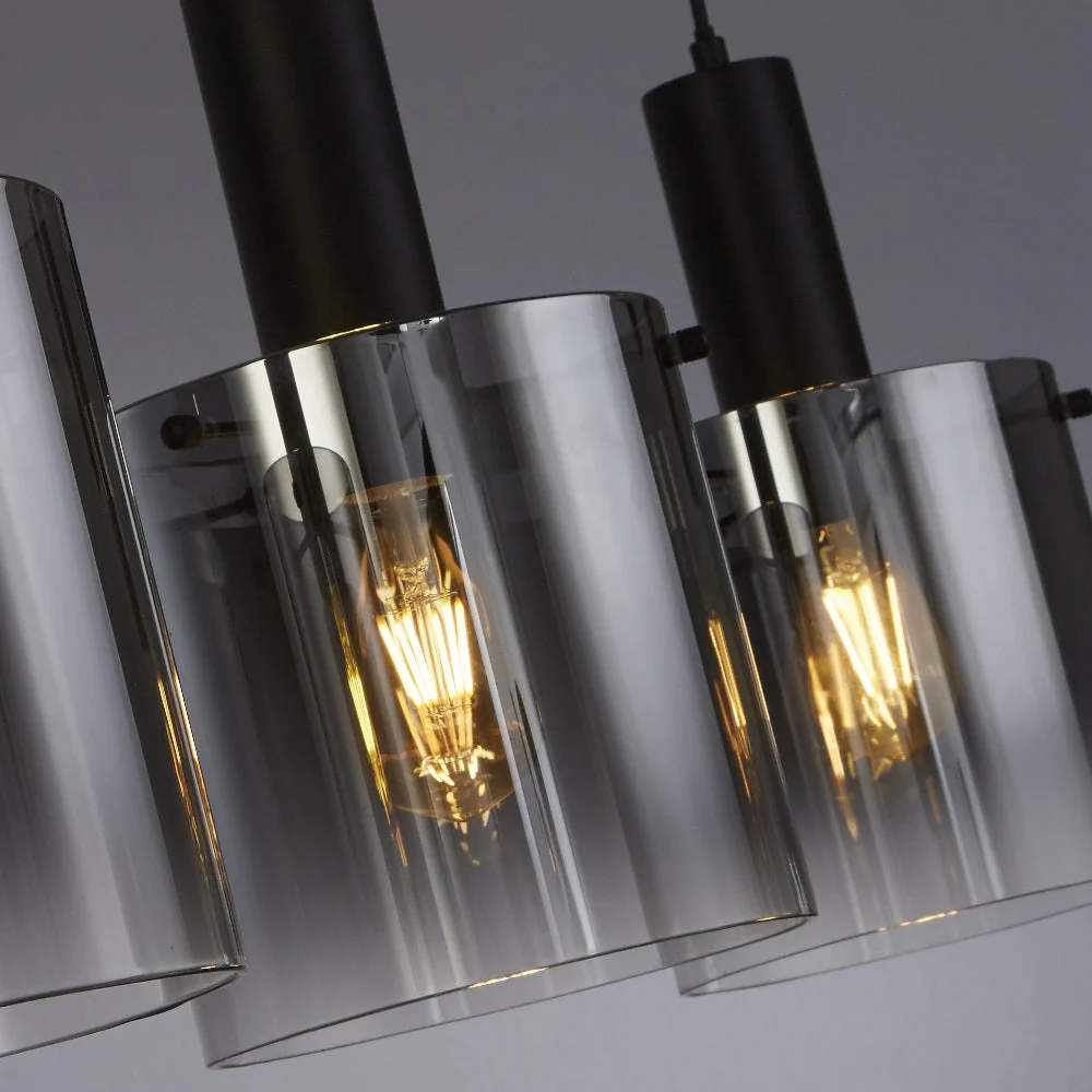 Matt Black & Smoked Ombre Glass Cylinder Vintage 4 Lamp Bar Pendant 142cm - Image 4