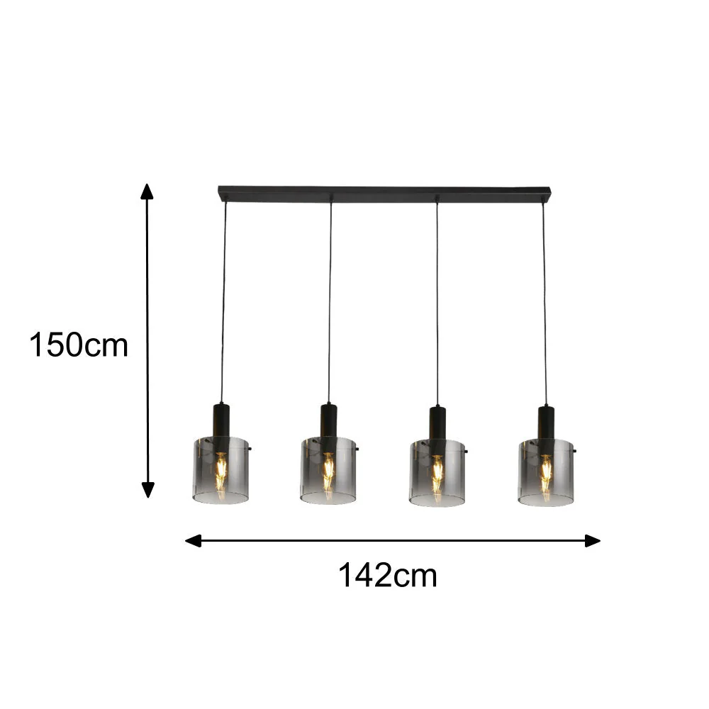 Matt Black & Smoked Ombre Glass Cylinder Vintage 4 Lamp Bar Pendant 142cm - Image 6