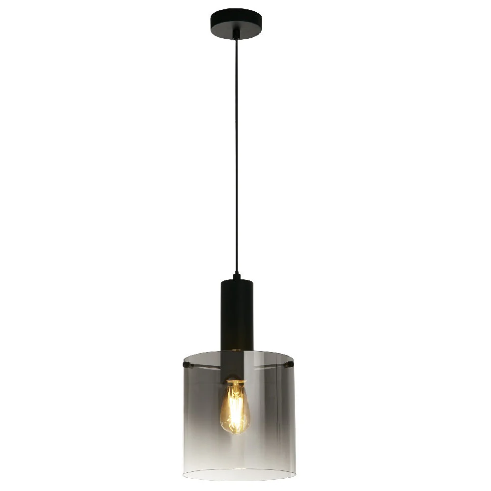 Matt Black & Smoked Ombre Glass Cylinder Vintage Pendant Light 22cm - Image 2
