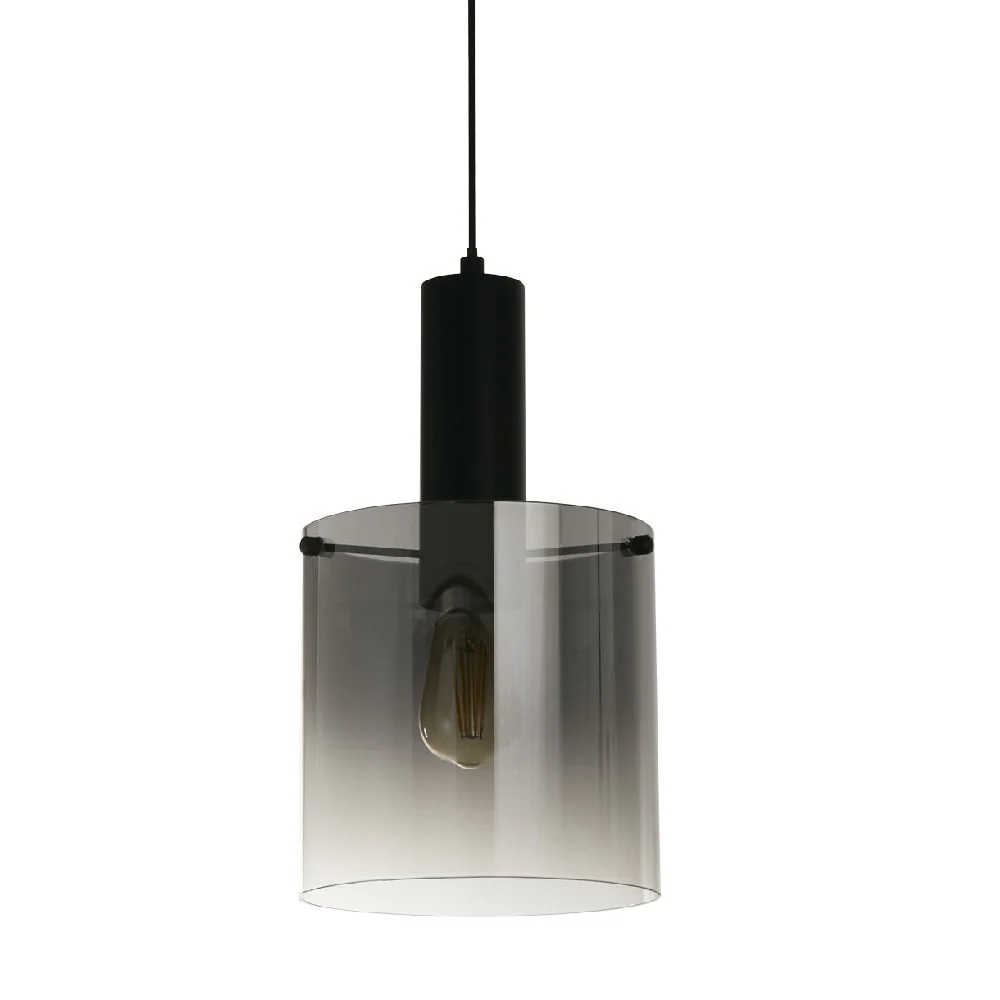 Matt Black & Smoked Ombre Glass Cylinder Vintage Pendant Light 22cm - Image 3