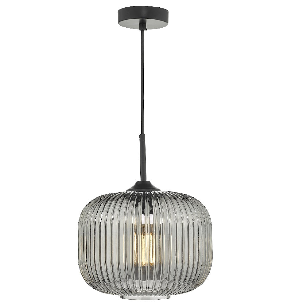 Matt Black & Smoked Ribbed Glass Vintage Round Pendant Ceiling Light 25cm