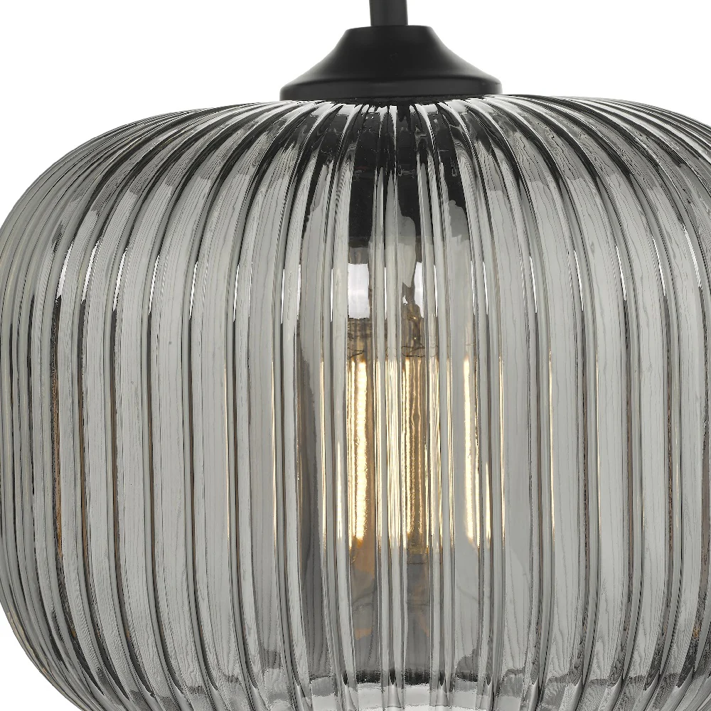 Matt Black & Smoked Ribbed Glass Vintage Round Pendant Ceiling Light 25cm - Image 2