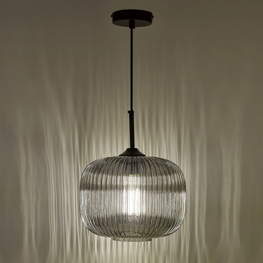 Matt Black & Smoked Ribbed Glass Vintage Round Pendant Ceiling Light 25cm - Image 3