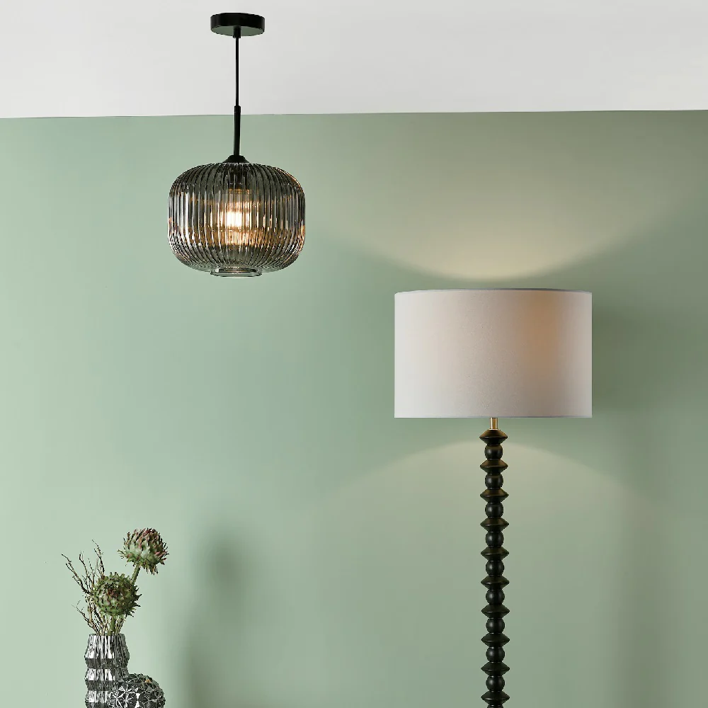 Matt Black & Smoked Ribbed Glass Vintage Round Pendant Ceiling Light 25cm - Image 4