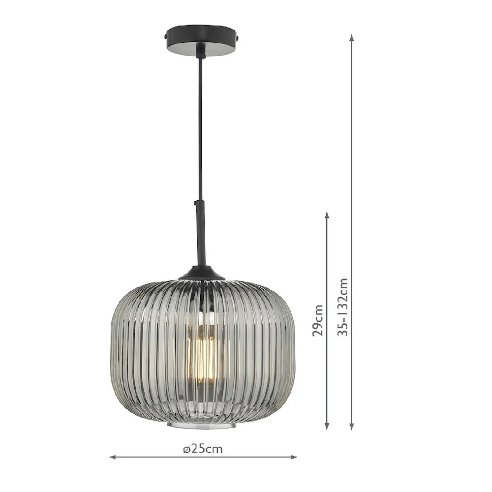 Matt Black & Smoked Ribbed Glass Vintage Round Pendant Ceiling Light 25cm - Image 5