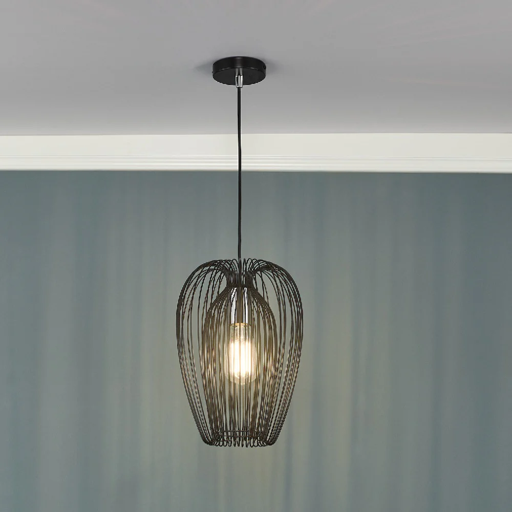 Matt Black Wired Cage Vintage Pendant Ceiling Light 23cm - Image 4