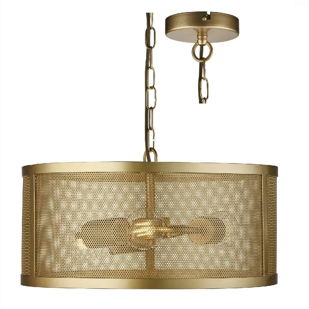 Matt Gold Round Mesh Cage Vintage 3 Lamp Drum Pendant Light 45cm