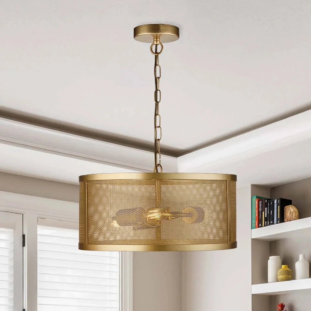 Matt Gold Round Mesh Cage Vintage 3 Lamp Drum Pendant Light 45cm - Image 4