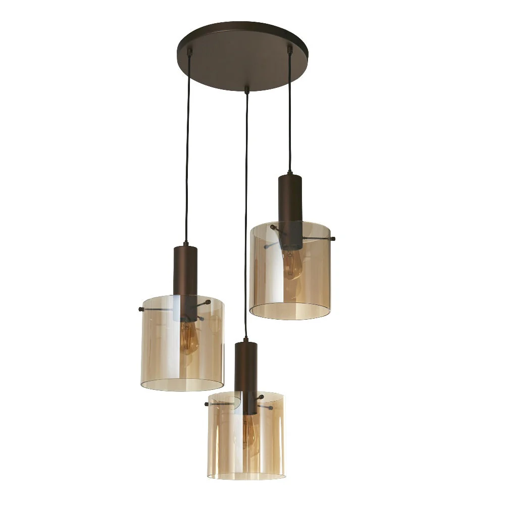 Mocha Brown & Amber Glass Cylinder Vintage 3 Lamp Cluster Pendant 42cm - Image 3