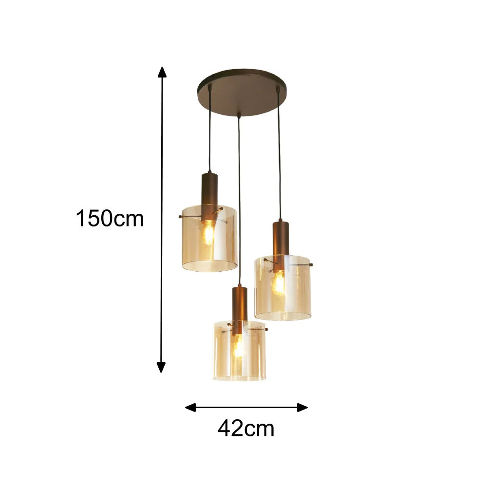 Mocha Brown & Amber Glass Cylinder Vintage 3 Lamp Cluster Pendant 42cm - Image 5