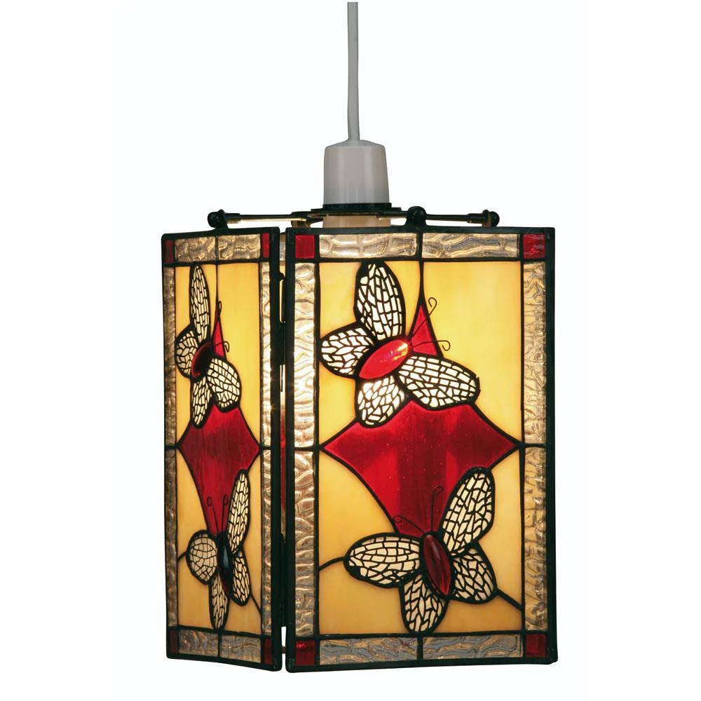 Oaks OT 26 RD Red Butterfly Tiffany Glass Vintage Non Electric Square Pendant 15cm
