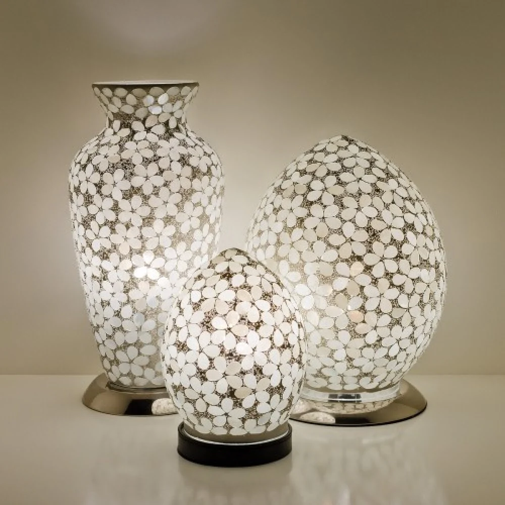 Opaque White Flower Mosaic Glass Vintage Egg Table Lamp 20cm - Image 4