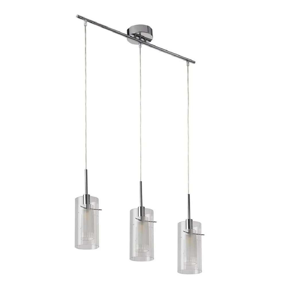Polished Chrome 3 Lamp Bar Pendant with Clear Cylinder Glass Shades 710mm - Image 2