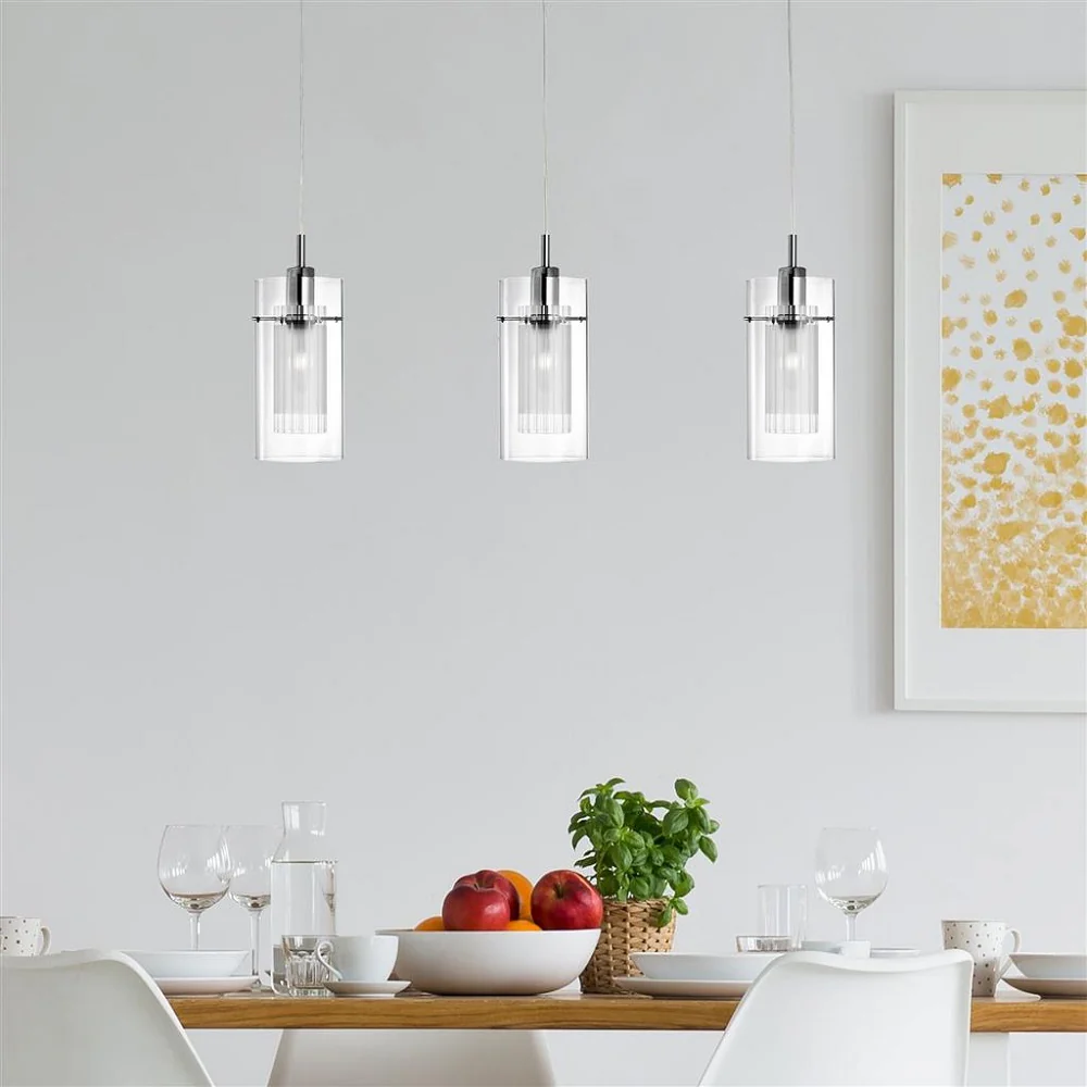 Polished Chrome 3 Lamp Bar Pendant with Clear Cylinder Glass Shades 710mm - Image 3