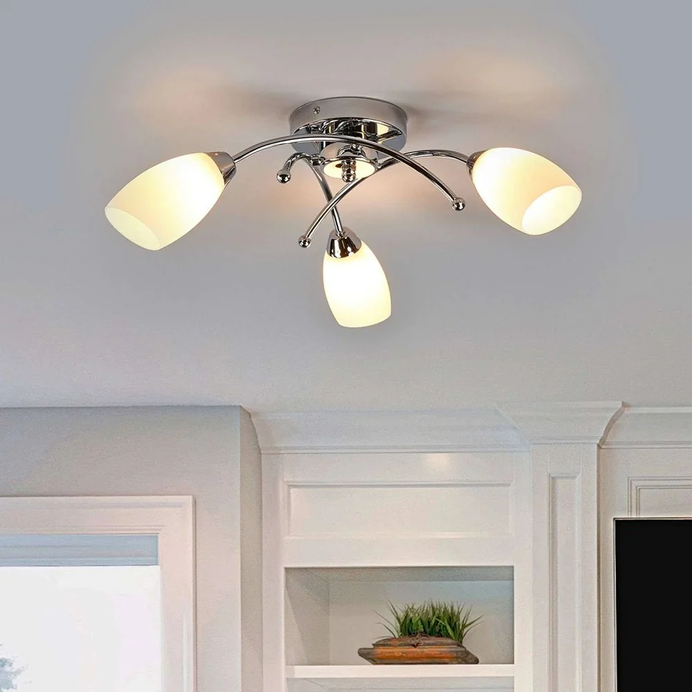 Polished Chrome 3 Lamp Semi Flush Light with Opal Glass Shades 500mm - Image 3