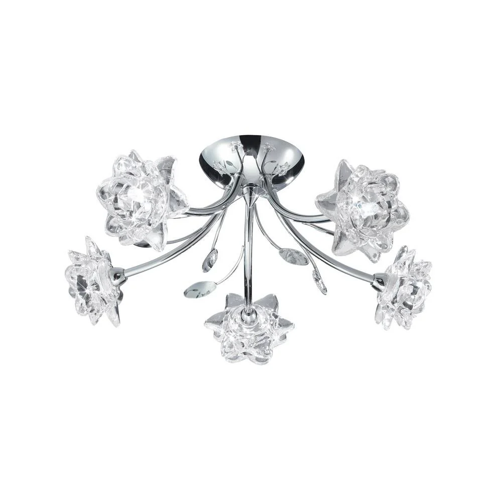 Polished Chrome 5 Lamp Semi Flush Light with Clear Flower Glass Shades 440mm