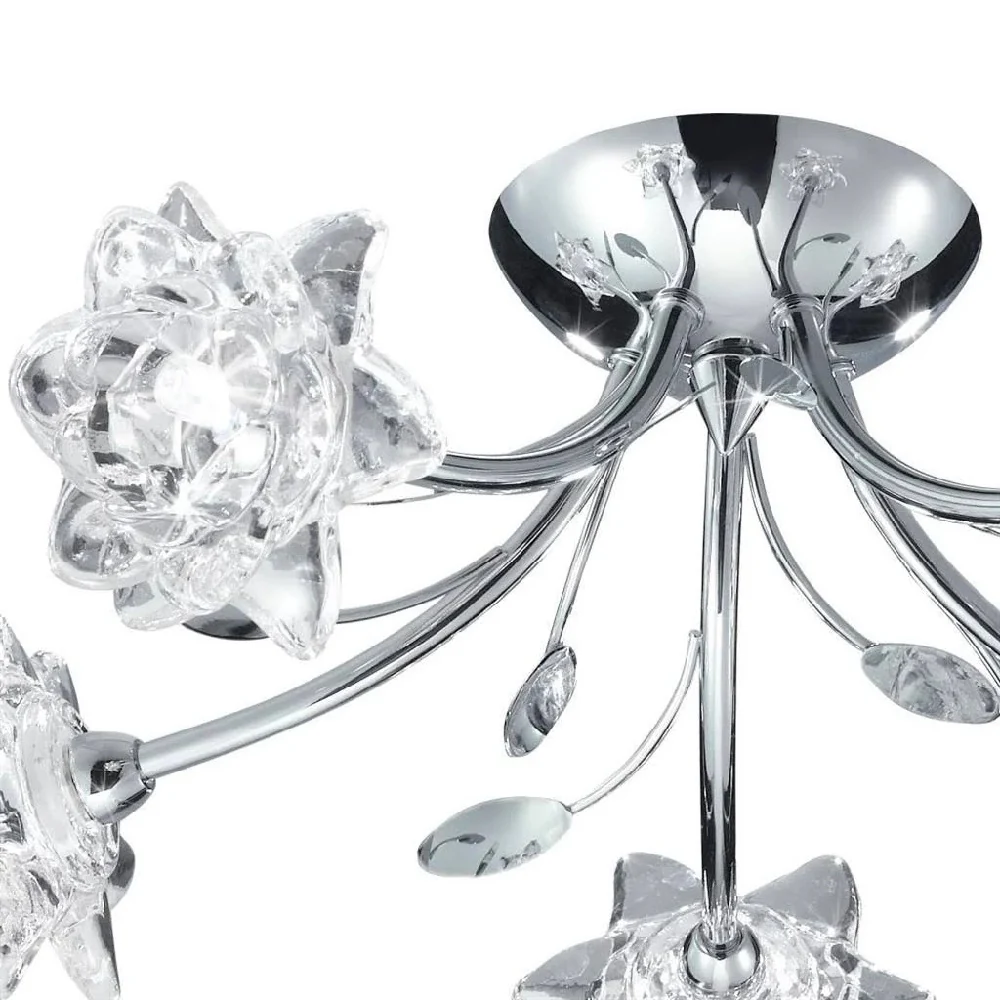 Polished Chrome 5 Lamp Semi Flush Light with Clear Flower Glass Shades 440mm - Image 2