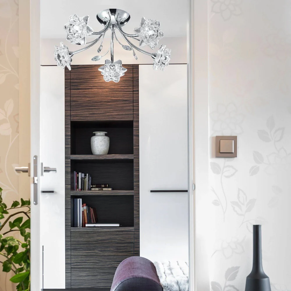 Polished Chrome 5 Lamp Semi Flush Light with Clear Flower Glass Shades 440mm - Image 3