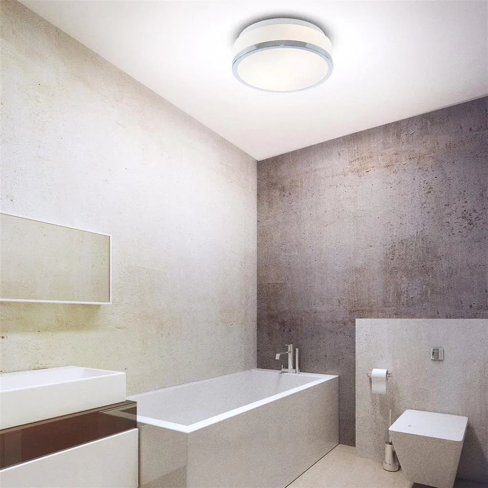 Polished Chrome Bathroom Modern Round Flush Light with Glass Shade 280mm - Image 3