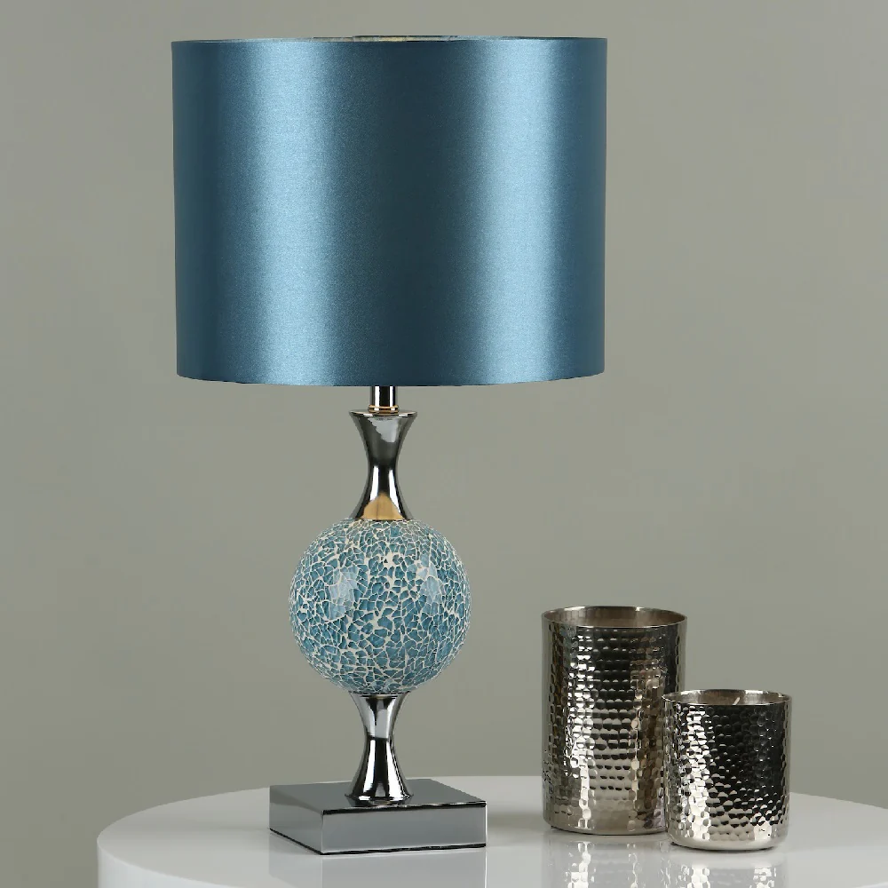 Polished Chrome & Blue Mosaic Glass Table Lamp with Shade 50cm - Image 4