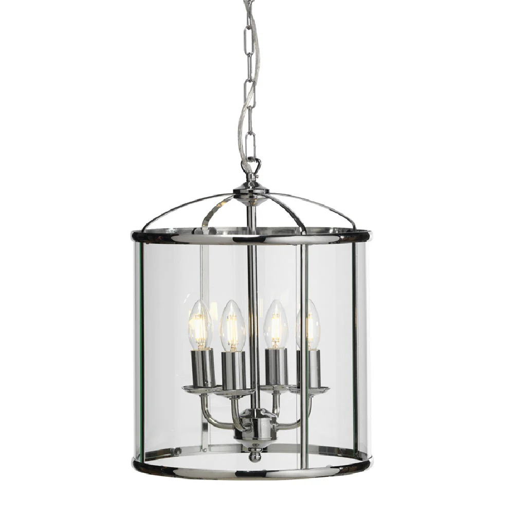 Polished Chrome & Glass Panel 4 Lamp Vintage Lantern Pendant 32cm