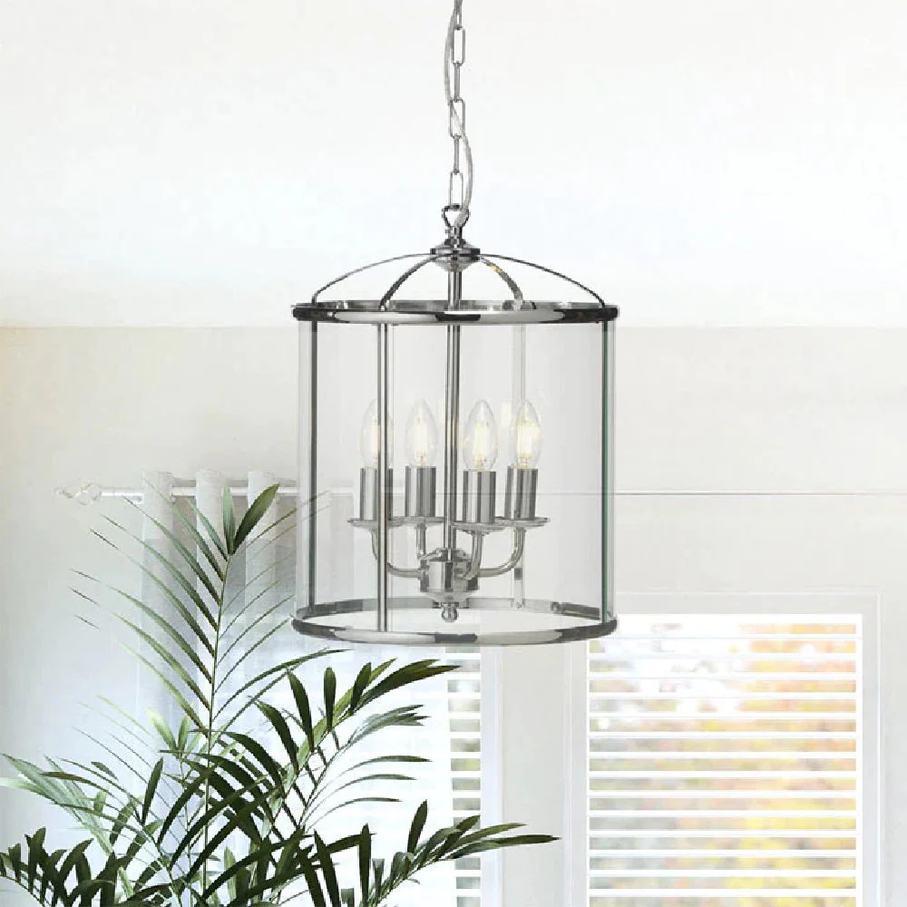 Polished Chrome & Glass Panel 4 Lamp Vintage Lantern Pendant 32cm - Image 4