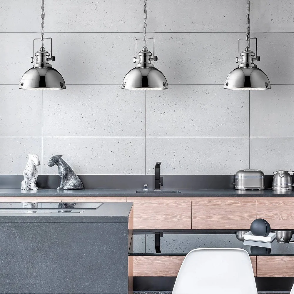 Polished Chrome & Holophane Lens Industrial Metal Dome Pendant Light 31cm - Image 4