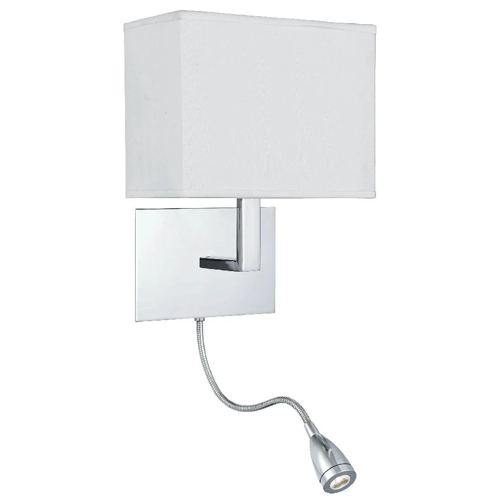 Polished Chrome & LED Reading Flexi Arm Modern Wall Light with White Rectangle Shade 26cm