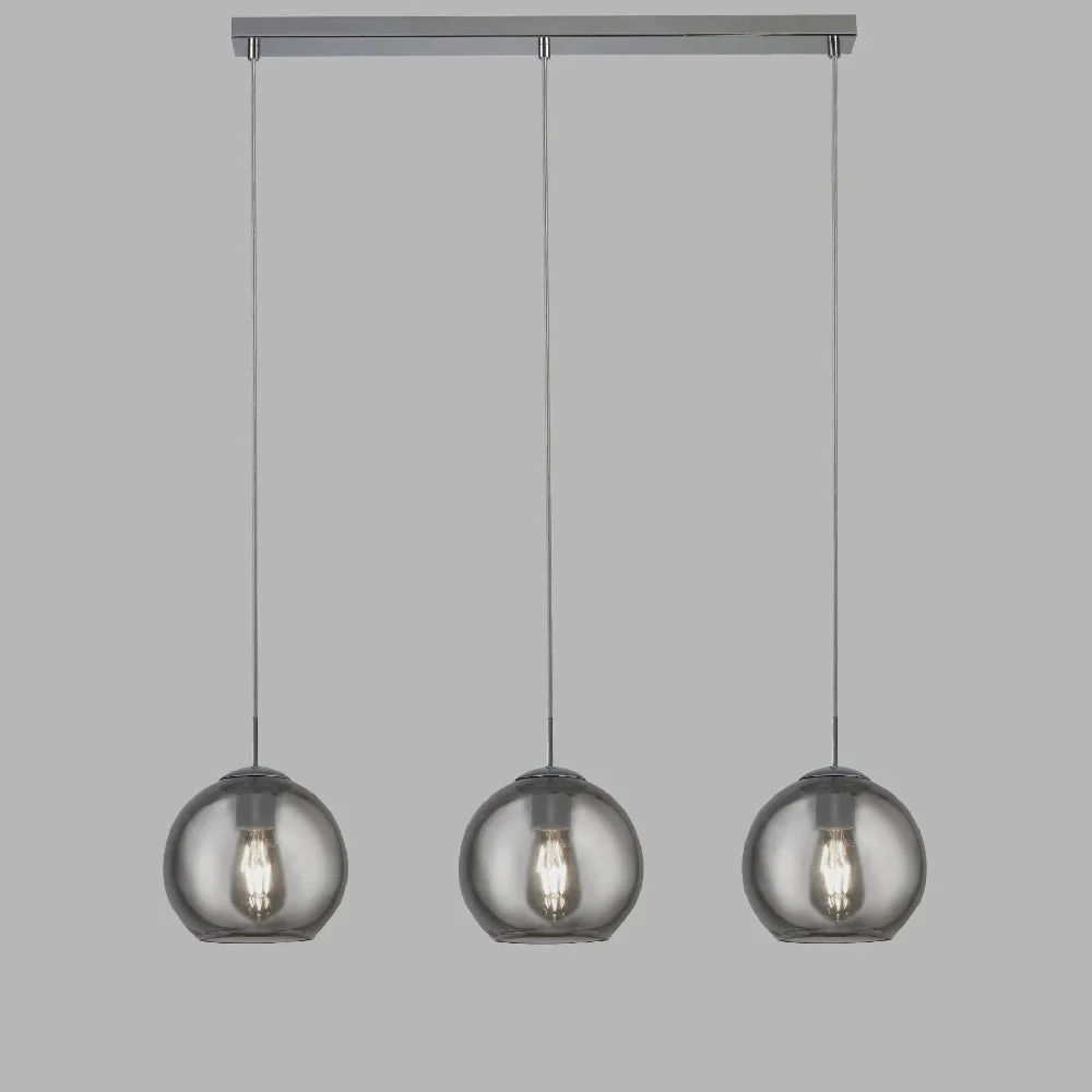 Polished Chrome & Smoked Glass Dome 3 Lamp Bar Pendant Light 86cm - Image 3