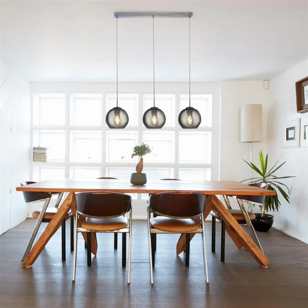 Polished Chrome & Smoked Glass Dome 3 Lamp Bar Pendant Light 86cm - Image 4