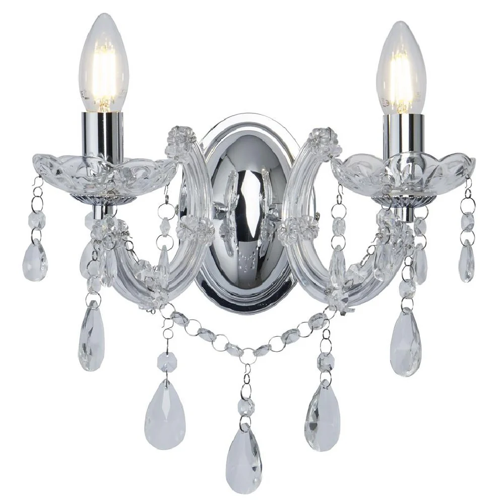 Polished Chrome Vintage 2 Lamp Wall Light with Crystal Acrylic Beads 320mm