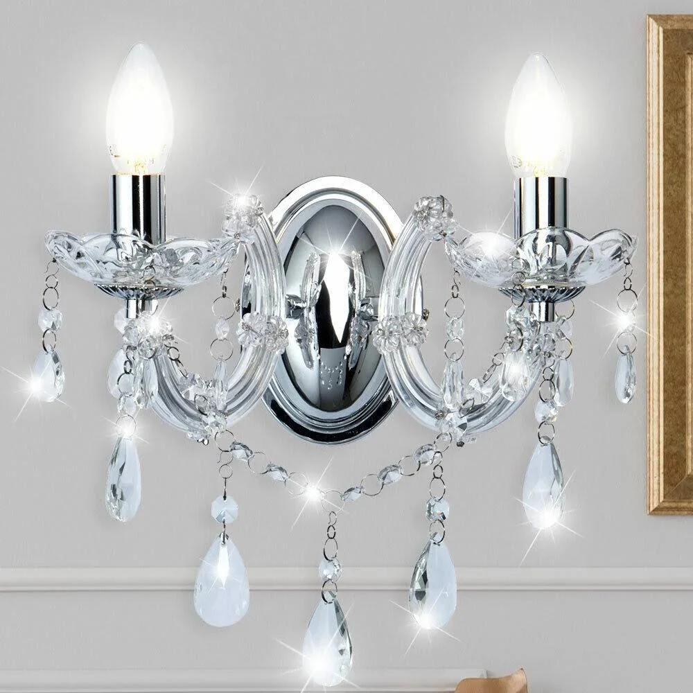 Polished Chrome Vintage 2 Lamp Wall Light with Crystal Acrylic Beads 320mm - Image 4