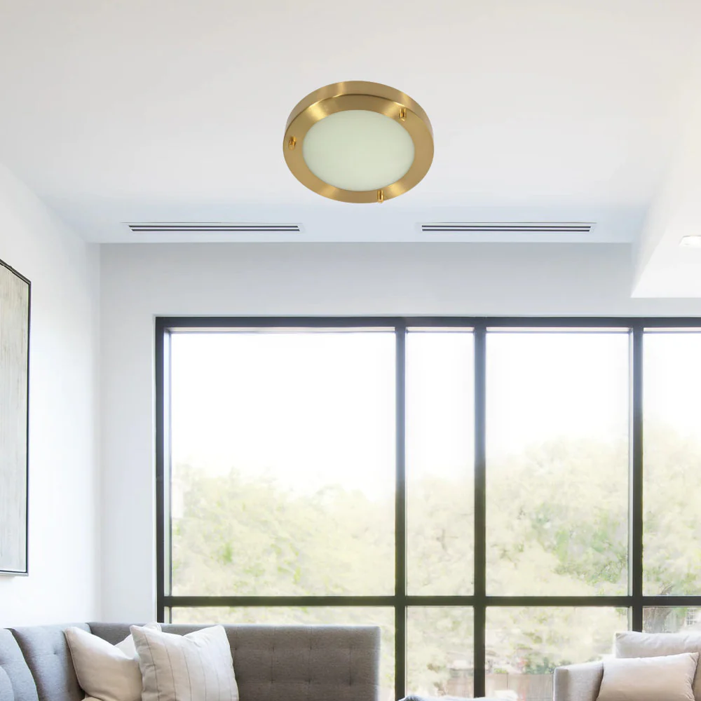 Satin Brass & Opal Glass Bathroom Modern Round Flush Light 19cm - Image 3