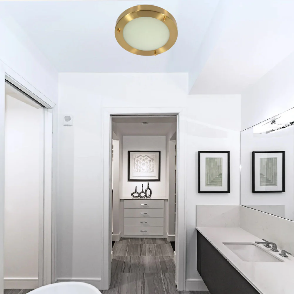 Satin Brass & Opal Glass Bathroom Modern Round Flush Light 19cm - Image 4