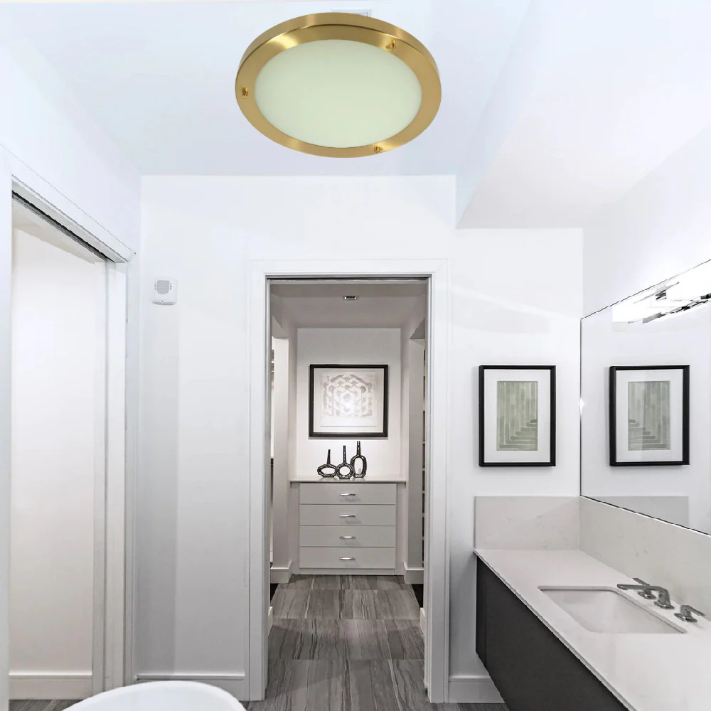 Satin Brass & Opal Glass Bathroom Modern Round Flush Light 31cm - Image 3