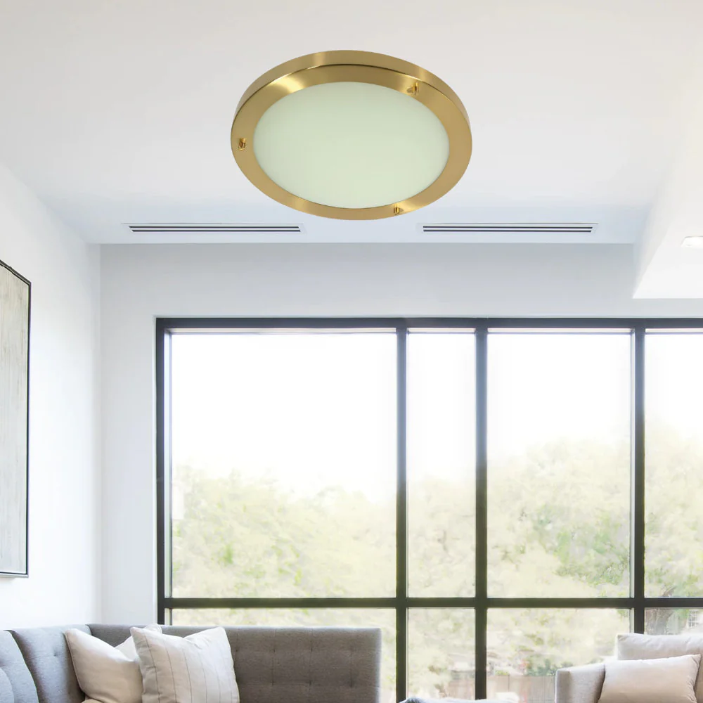Satin Brass & Opal Glass Bathroom Modern Round Flush Light 31cm - Image 4