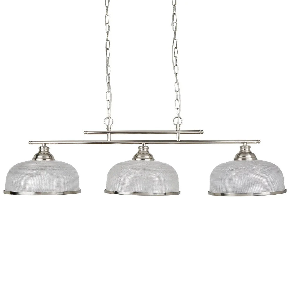 Satin Chrome & Holophane Glass Vintage Dome 3 Lamp Bar Pendant 99cm