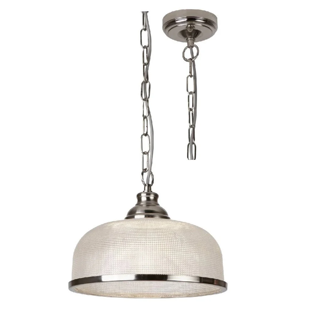 Satin Chrome & Holophane Glass Vintage Dome Pendant Light 27cm