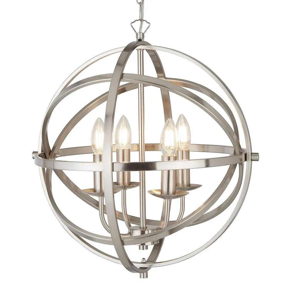 Satin Chrome Metal Banded Sphere Vintage 4 Lamp Pendant Light 45cm