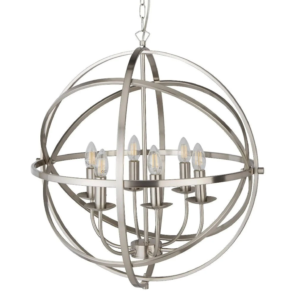 Satin Chrome Metal Banded Sphere Vintage 6 Lamp Pendant Light 60cm