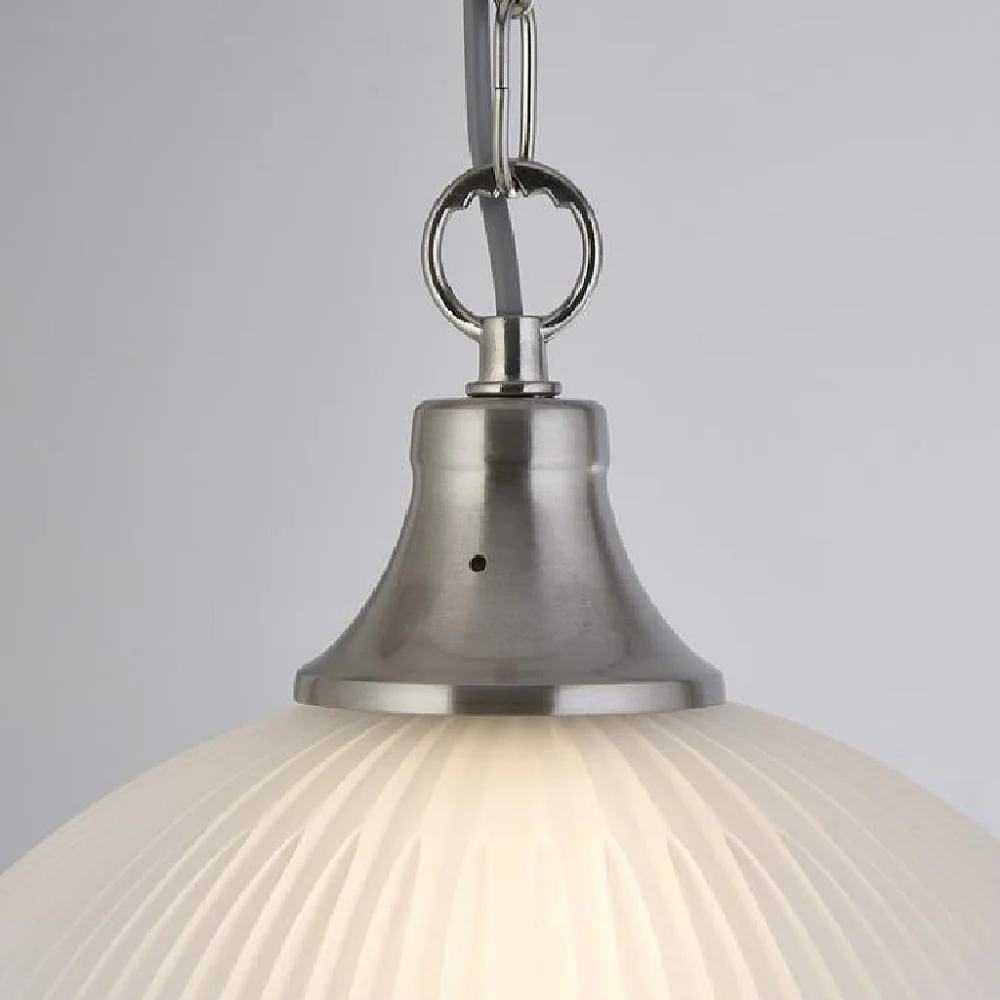 Satin Chrome & Opal Ribbed Glass Vintage Dome Pendant Light 34cm - Image 2