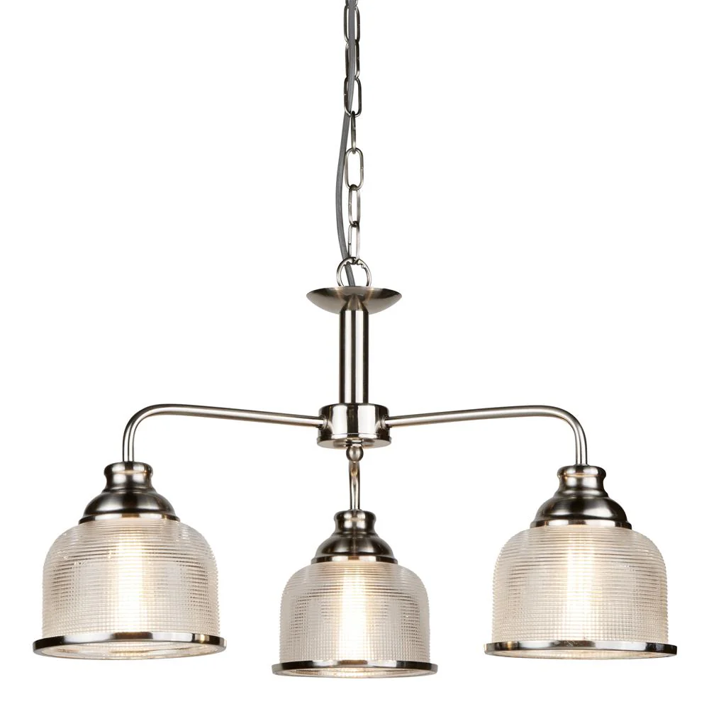 Satin Silver Vintage 3 Lamp Pendant with Rib Glass Shades 560mm