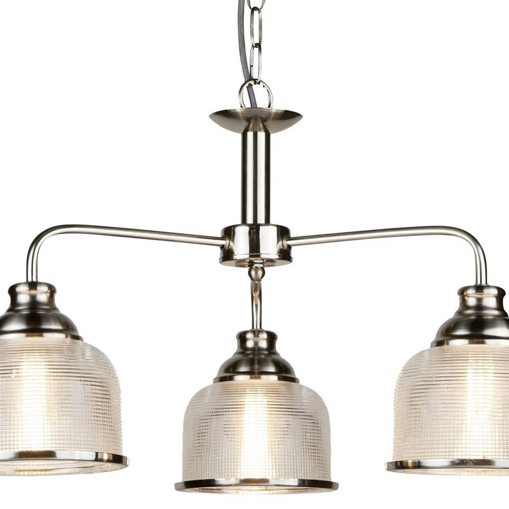 Satin Silver Vintage 3 Lamp Pendant with Rib Glass Shades 560mm - Image 2