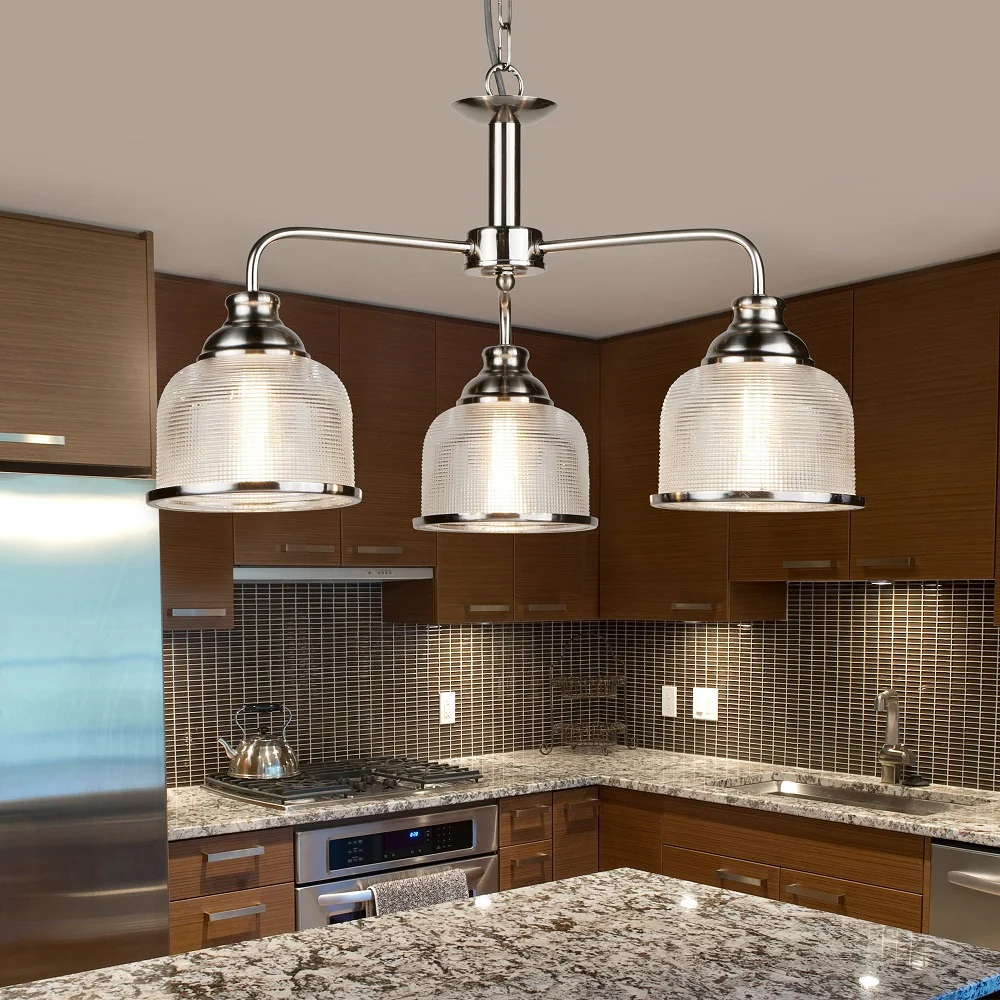 Satin Silver Vintage 3 Lamp Pendant with Rib Glass Shades 560mm - Image 3