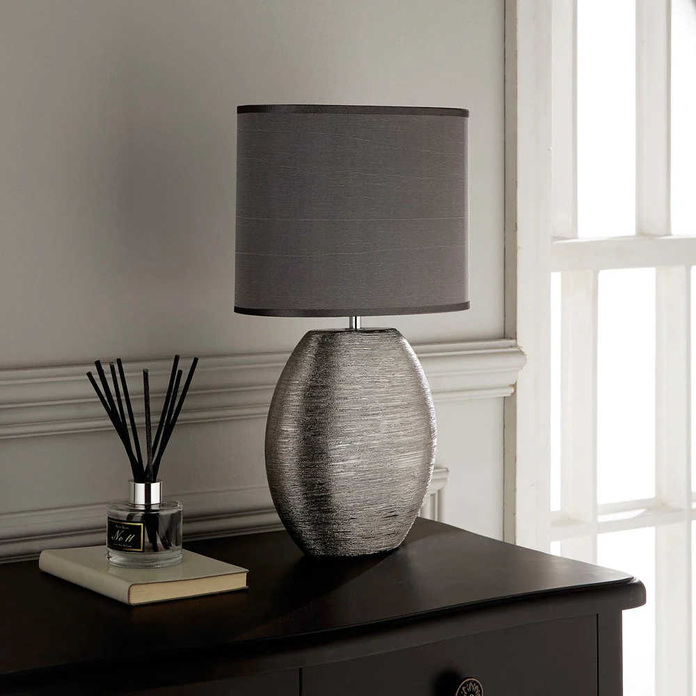 Silver Scratched Ceramic Vintage Oval Table Lamp with Grey Shade 45cm - Image 4
